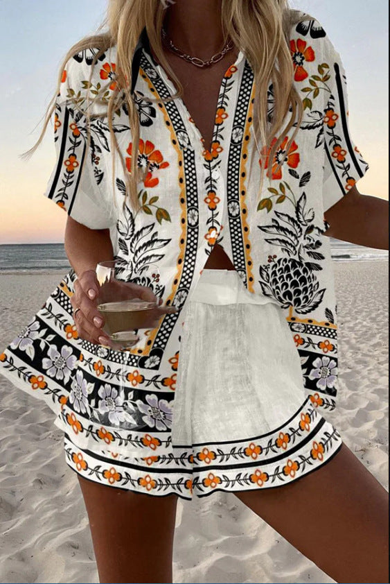 Ingrid | Linnen Korte Set met Bloemenprint