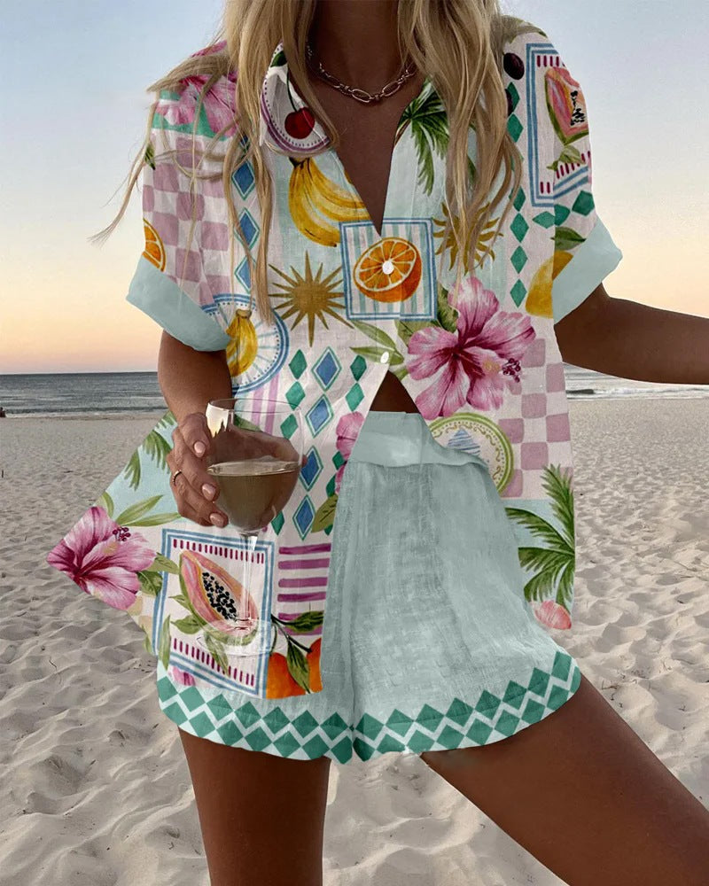 Valerie | Korte Linnen Set met Fruitprint