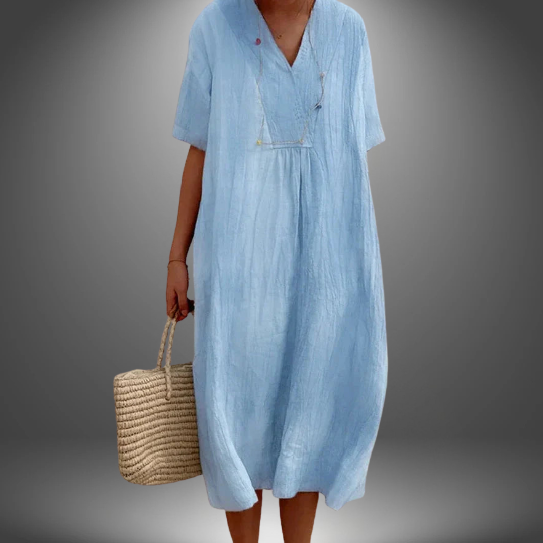 CAROLA | KATOENEN EN LINEN JURK MET V-HALS