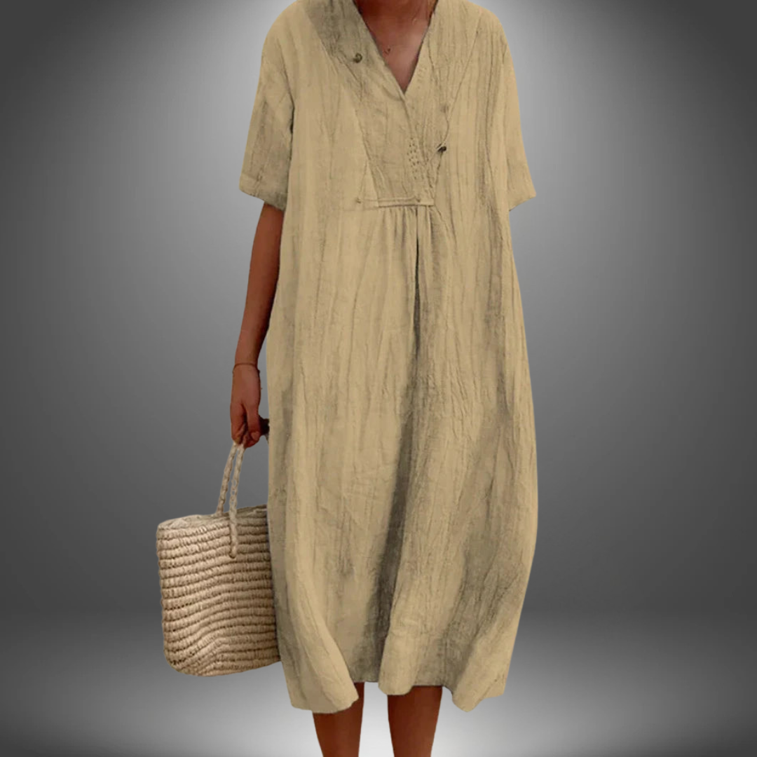 CAROLA | KATOENEN EN LINEN JURK MET V-HALS